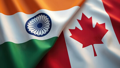 India, Canada flags intertwined. Strong bilateral relations, partnership, cooperation between two nations. Represents international trade, diplomacy, defense, cultural exchange, fostering unity,