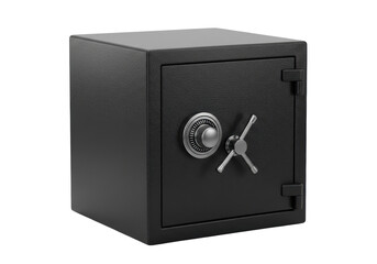 Isolated black metal safe with combination dial and handle for cash and valuable items