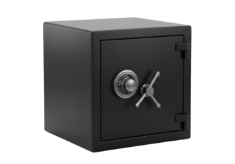 Isolated black metal safe with combination dial and handle for cash and valuable items