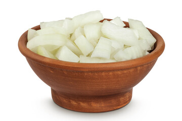 Onion slices in a ceramic bowl isolated on a white background