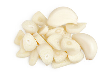 garlic cloves slices isolated on white background close up. Top view. Flat lay.