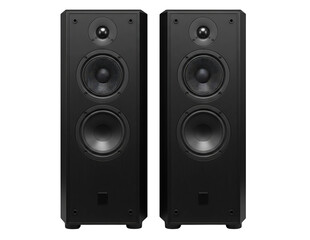 Pair of tall black tower speakers isolated on transparent background