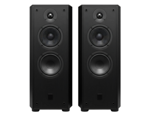 Pair of tall black tower speakers isolated on transparent background
