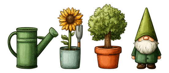 Colorful Garden Elements on Transparent Background