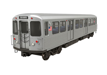 Isolated NYCTA subway car, train model on transport rails against a plain background