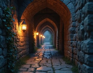 Obraz premium Mysterious arched stone passage with antique lanterns illuminating cobbled path. Gothic architecture creates eerie, atmospheric mood with deep shadows, soft light. Explore historic, medieval mystery