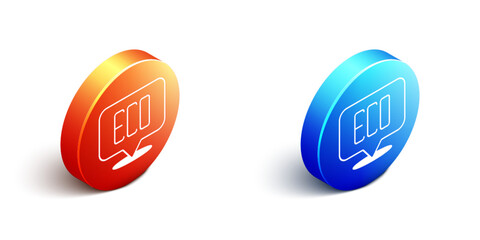 Isometric Leaf Eco symbol icon isolated on white background. Banner, label, tag, logo, sticker for eco green. Orange and blue circle button. Vector