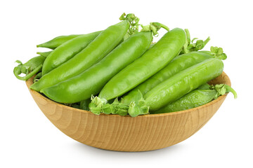 Fresh green peas fresh peas in pods in a wooden bowl isolated on white background.