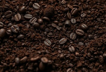 Close-up of dark, rich coffee grounds texture,  powder,  rich