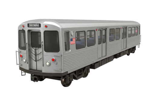 Isolated NYCTA subway car, train model on transport rails against a plain background