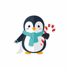 Cute Cartoon Penguin with Candy Cane and Blue Scarf, Flat Design.