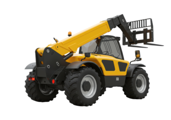 Isolated yellow telehandler forklift truck used in construction and agriculture industry