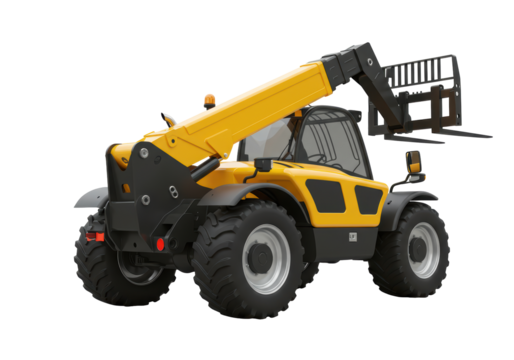 Isolated yellow telehandler forklift truck used in construction and agriculture industry