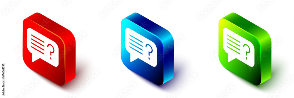 Poster isometric unknown search icon isolated on white background. magnifying glass and question mark. red,