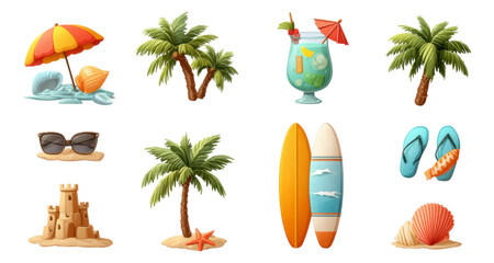 Beach Vacation Essentials and Tropical Objects Isolated