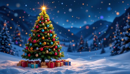Festive Christmas Tree with Gifts and Snow Scene