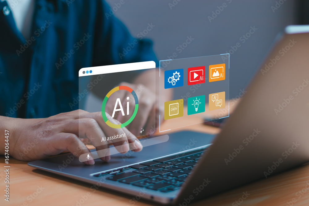 Aufkleber man using ai assistant on laptop with colorful virtual interface icons. concept of artificial intell
