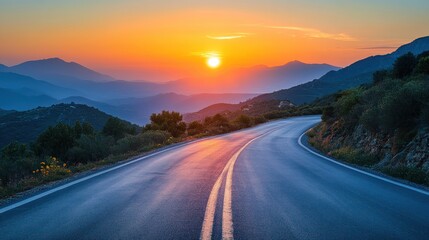 Fototapeta premium Winding road sunset mountain landscape, travel scenic