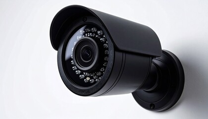 Black outdoor security camera mounted on white wall — cylindrical design with infrared night vision LEDs