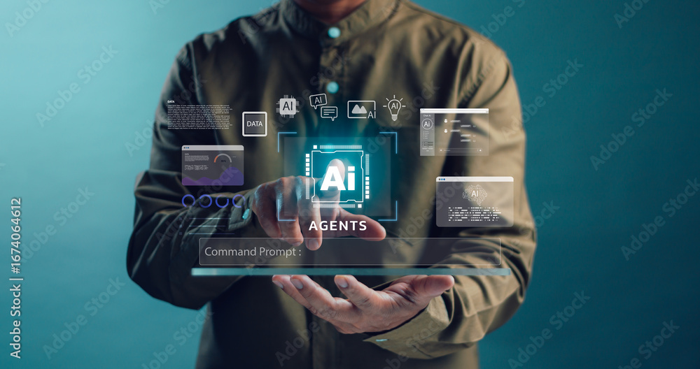 Poster man interacts with a virtual ai assistant interface through a futuristic command system to plan work