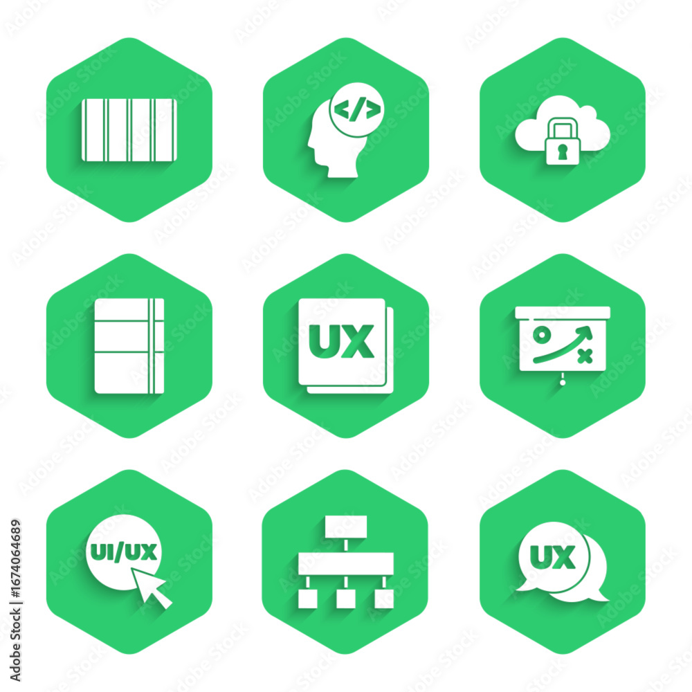 Poster set ui or ux design, site map, planning strategy concept, sketchbook album, cloud computing lock and