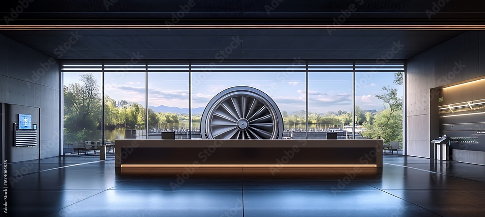 Poster modern interior design showcasing jet engine turbine with nature view and sleek architecture style c