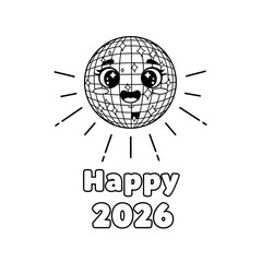 Happy 2026 Disco Ball Cartoon with Face and Sparkles