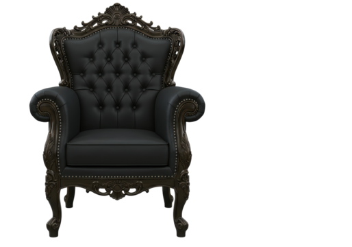 Isolated upholstered black tufted armchair with carved frame, furniture piece studio shot