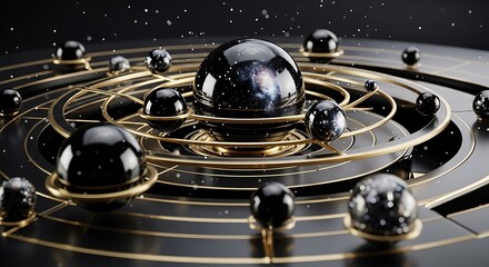 Vectore illustration of abstract representation of a solar system with glowing planets orbiting a central star in a dark universe