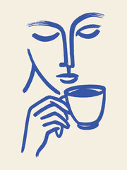 Abstract face with cup minimalist line art sketch vector illustration