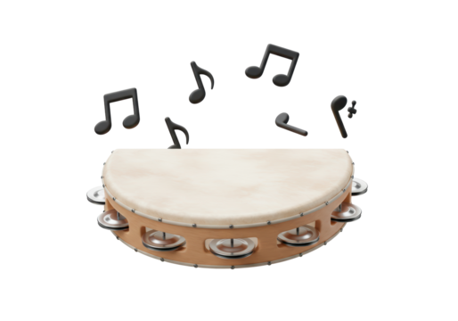 Isolated Tambourine with notes symbolizing musical celebration, joy, and rhythm for concerts