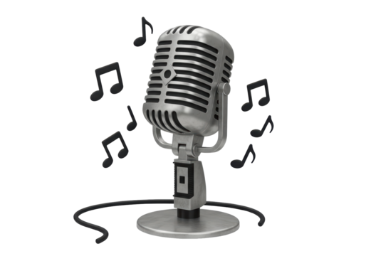 Isolated Vintage Microphone with Music Notes, A Timeless Symbol of Performance and Melody