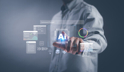 Concept of artificial intelligence, automation, smart technology and future UI.Businessman touching AI command interface on virtual screen with data visualization, charts and analytics