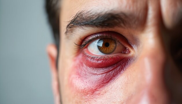 Extreme close-up of adult male injured eye, showing severe redness, swelling, bruising around socket. Visible veins, irritated skin suggest discomfort, pain. Detailed focus highlights delicate skin,