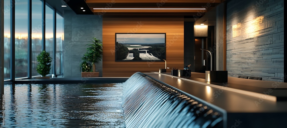 Poster modern interior design with swimming pool and waterfall feature inside luxury home architecture view