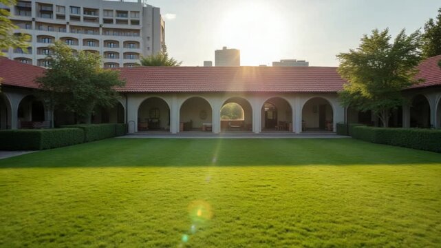 Green lawn with large courtyard at the morning sun