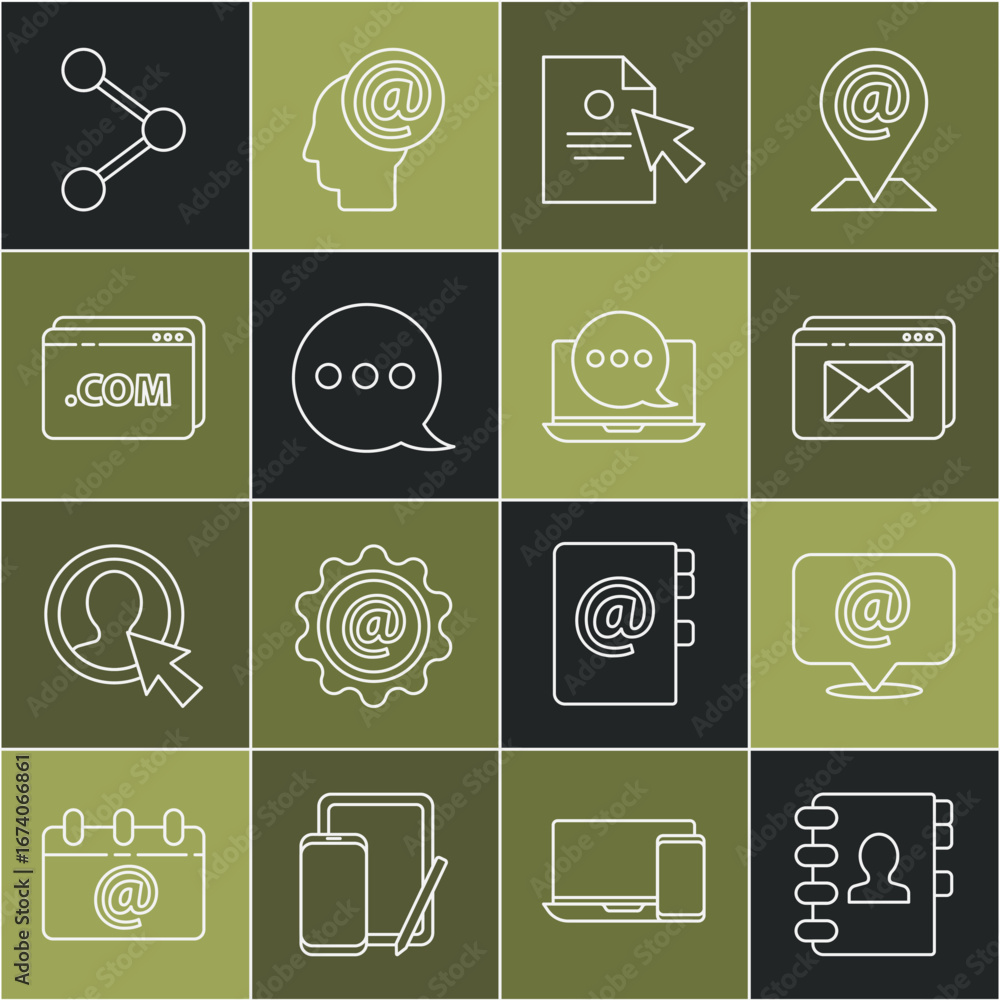 Aufkleber set line address book, mail and e-mail, website envelope, document cursor, speech bubble chat, templ
