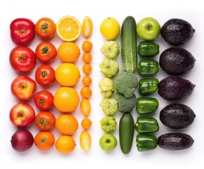 Colorful fruits and vegetables arranged in rainbow hues