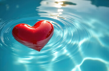 Vibrant red heart shape floats on clear blue water surface. Gentle ripples spread outwards from the floating object. Bright sun reflection sparkles on the water, creating a serene, romantic mood.