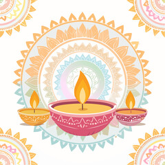 Colorful illustration depicting lit oil lamps with decorative mandala patterns, festive.