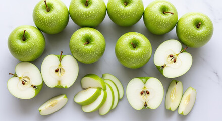 Dew-Kissed Granny Smith Apples: Whole and Sliced on Marble
