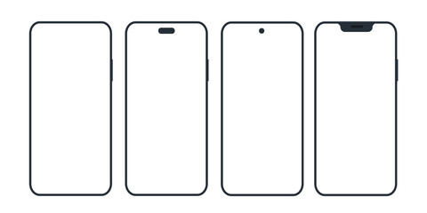 Tech UI mockup featuring four distinct smartphone front designs. Mobile screen evolution: from notch to under-display camera.