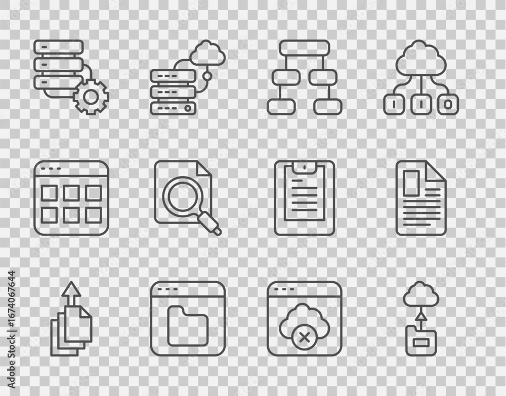 Poster set line data export, cloud technology data transfer, hierarchy organogram chart, browser files, ser