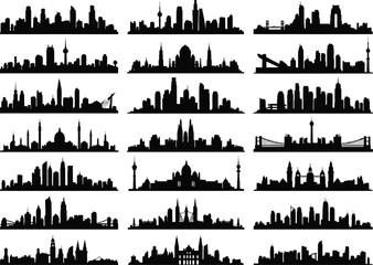 Obraz premium Collection of diverse city skylines silhouetted against a white background representing global urban architecture