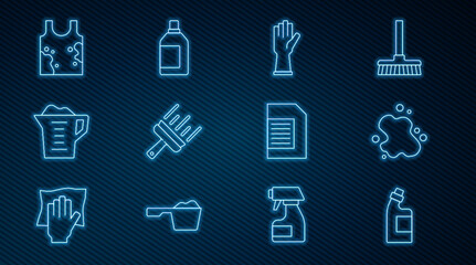 Set line Bottle for cleaning agent, Water spill, Rubber gloves, cleaner windows, Washing powder, Dirty t-shirt, Laundry detergent and icon. Vector
