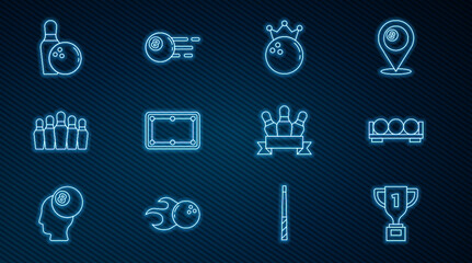 Set line Award cup, Billiard balls on stand, Bowling, table, pin, and icon. Vector