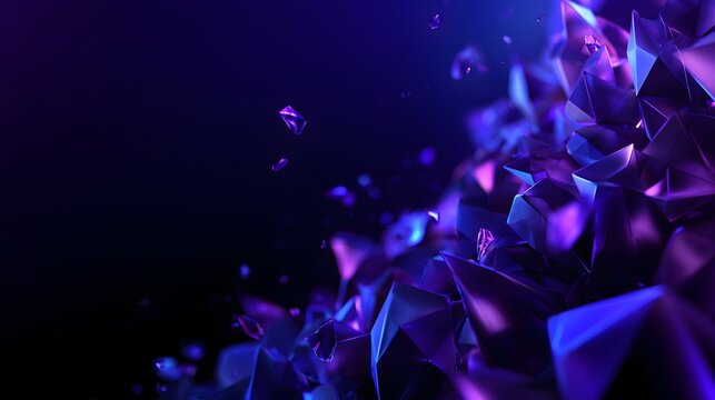 Abstract background with an explosion of glowing purple crystals and gems. Luxury digital art banner with copy space. 3D render illustration.