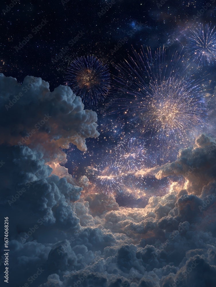 Poster spectacular fireworks exploding in a starry sky above illuminated clouds