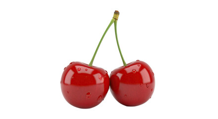 Two Ripe Red Cherries with Green Stems and Water Droplets on a Transparent Background