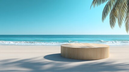 Wooden podium on a white sand beach with palm tree shadow